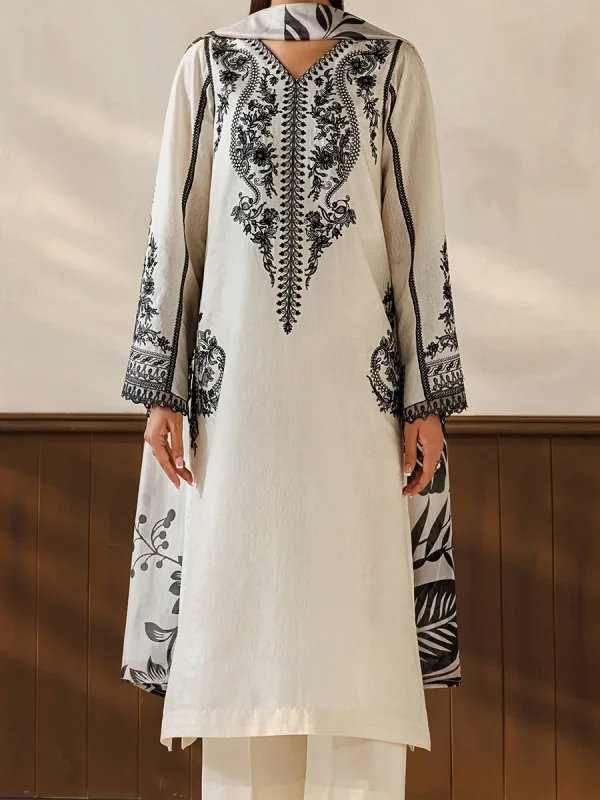 Embroidered Neck Dhanak 3-Piece Suit with Digital Printed Shawl - Baroque D214 Dhank Suit Model Front 01
