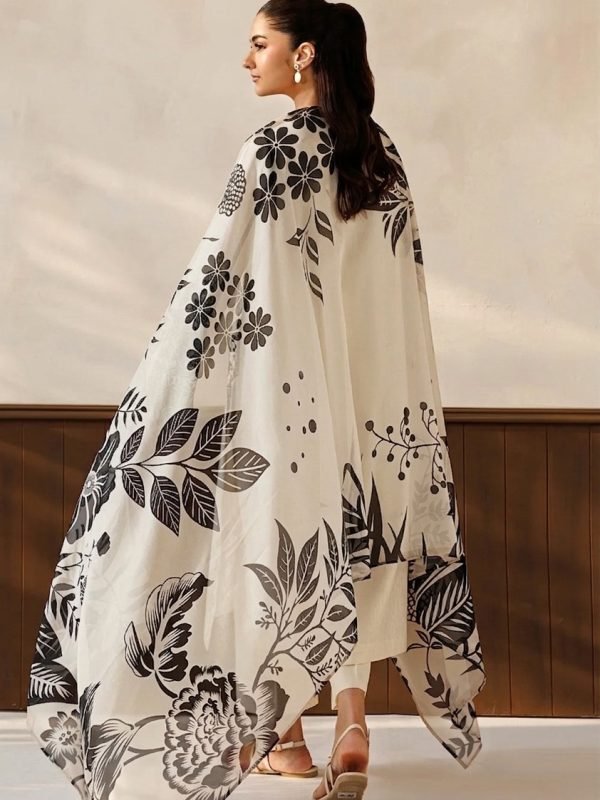 Embroidered Neck Dhanak 3-Piece Suit with Digital Printed Shawl - Baroque D214 Dhank Suit Model Side Pose 02