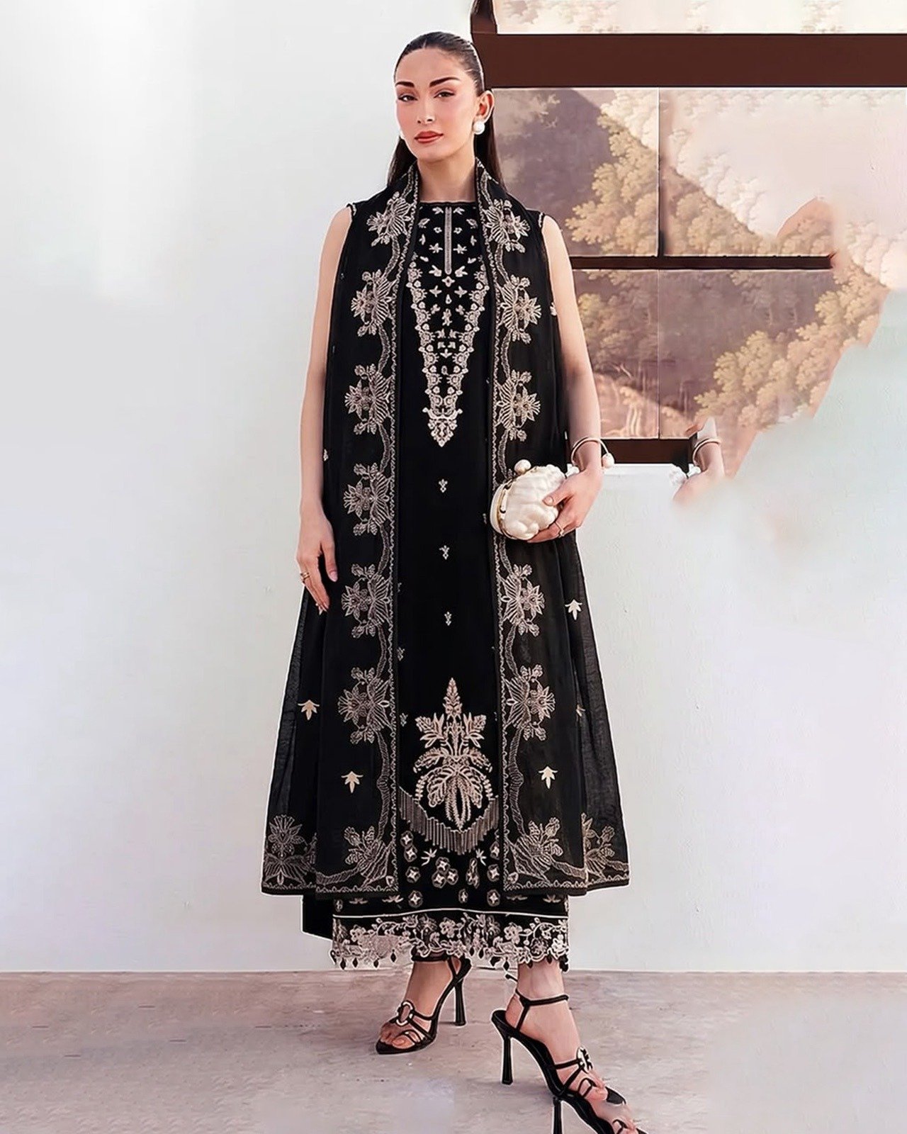 Fully Embroidered Dhanak 3-Piece Suit with Wool Shawl