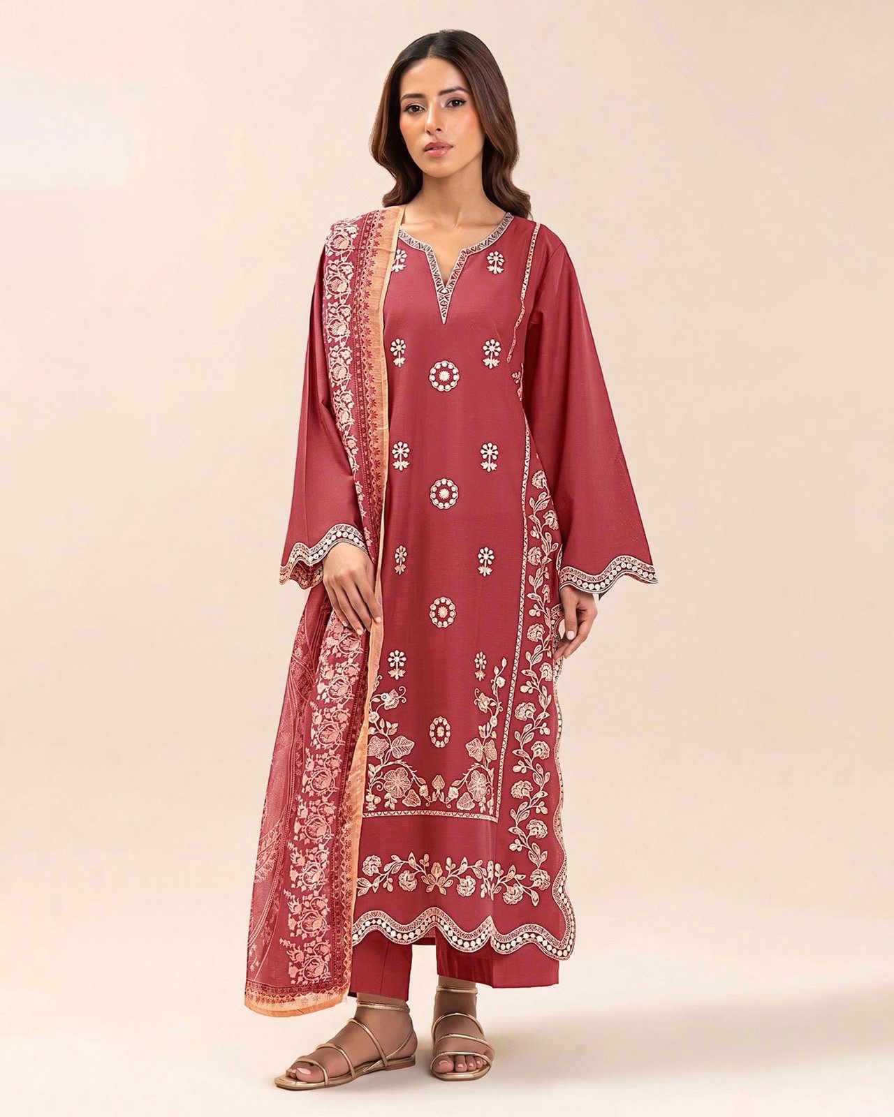 Floral Embroidered Dhanak 3-Piece Suit with Warm Wool Shawl