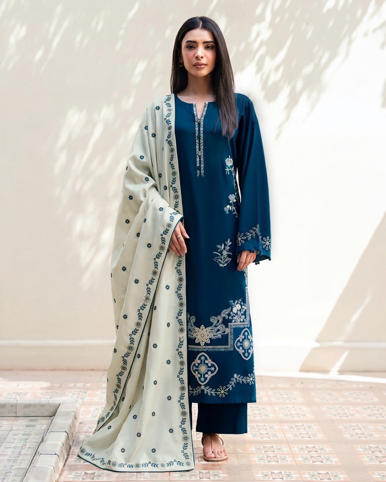 Fine Embroidered Dhanak 3-Piece Suit with Printed Wool Shawl