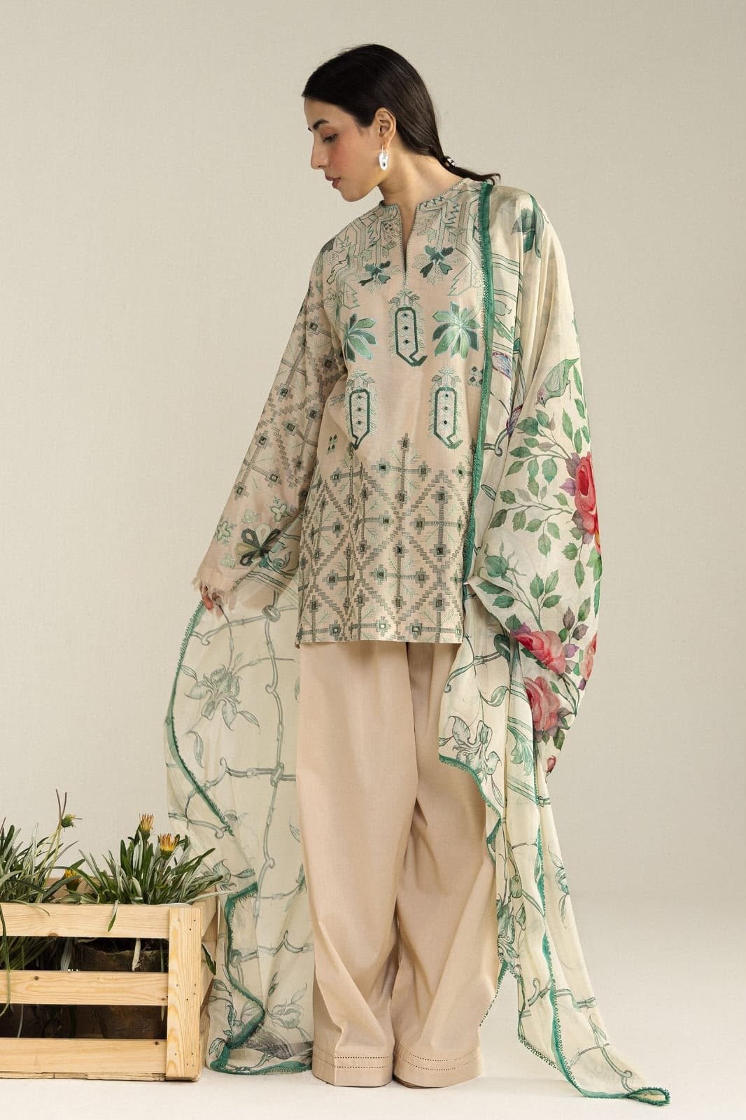 Embroidered Front Dhanak 3-Piece Suit with Digital Printed Shawl