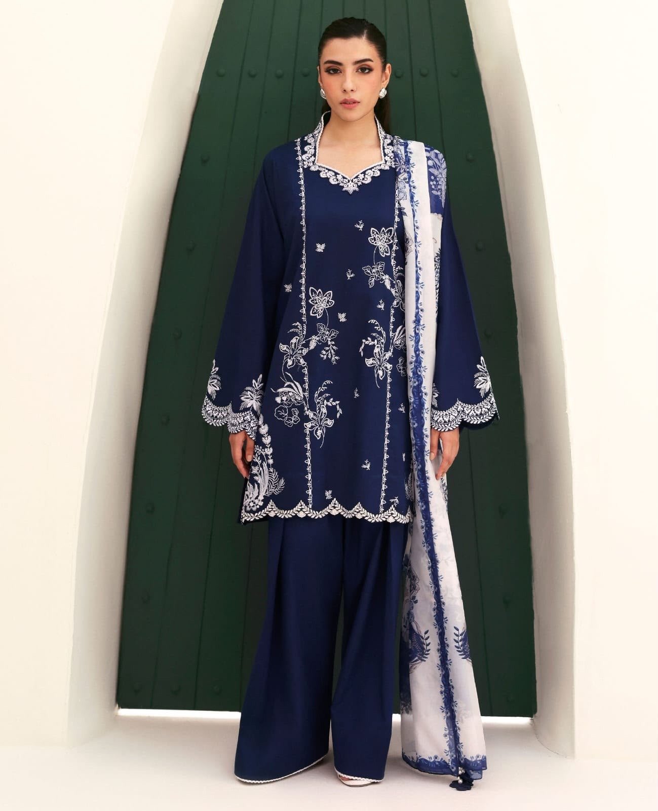 Cross Stitch Embroidered Dhanak 3-Piece Suit with Digital Shawl