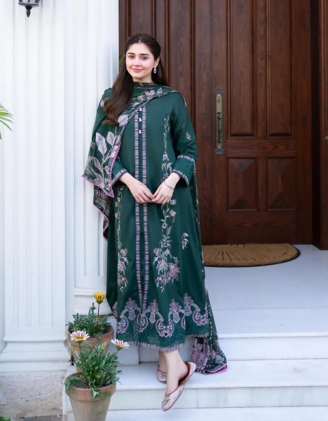 Heavy Embroidered Border Dhanak 3-Piece Suit with Digital Printed Shawl
