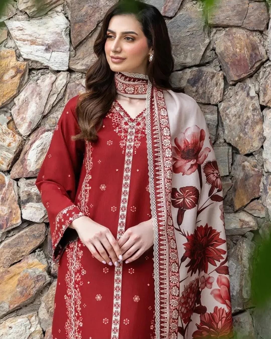 Embroidered Front Dhanak 3-Piece Suit with Digital Printed Shawl
