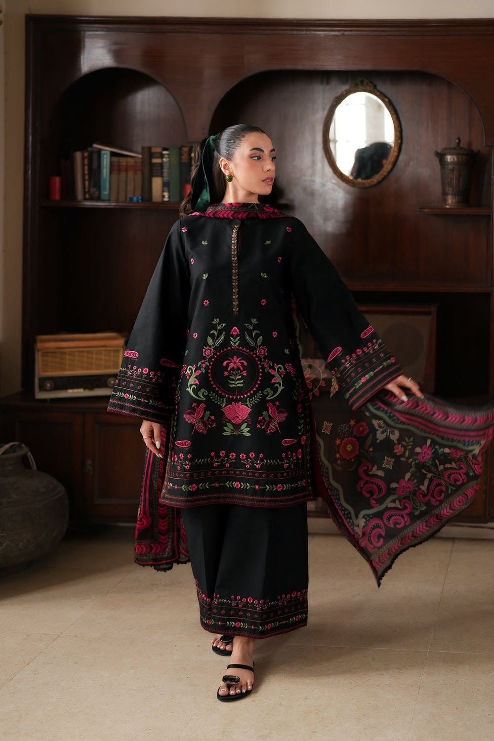 All-Over Embroidered Dhanak 3-Piece Suit with Digital Printed Shawl