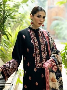 Classic Embroidered Dhanak 3-Piece Suit with Digital Printed Shawl