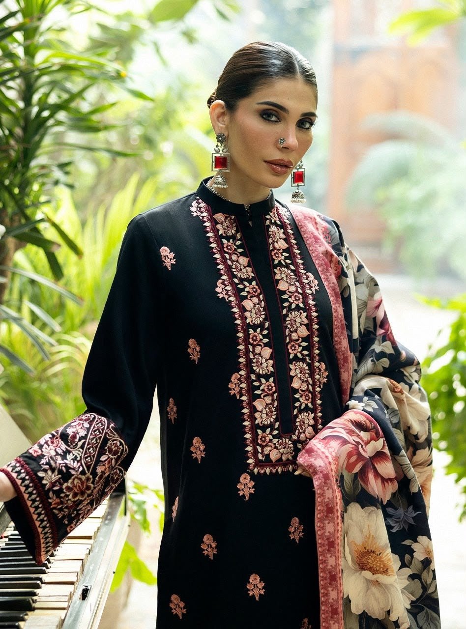 Classic Embroidered Dhanak 3-Piece Suit with Digital Printed Shawl
